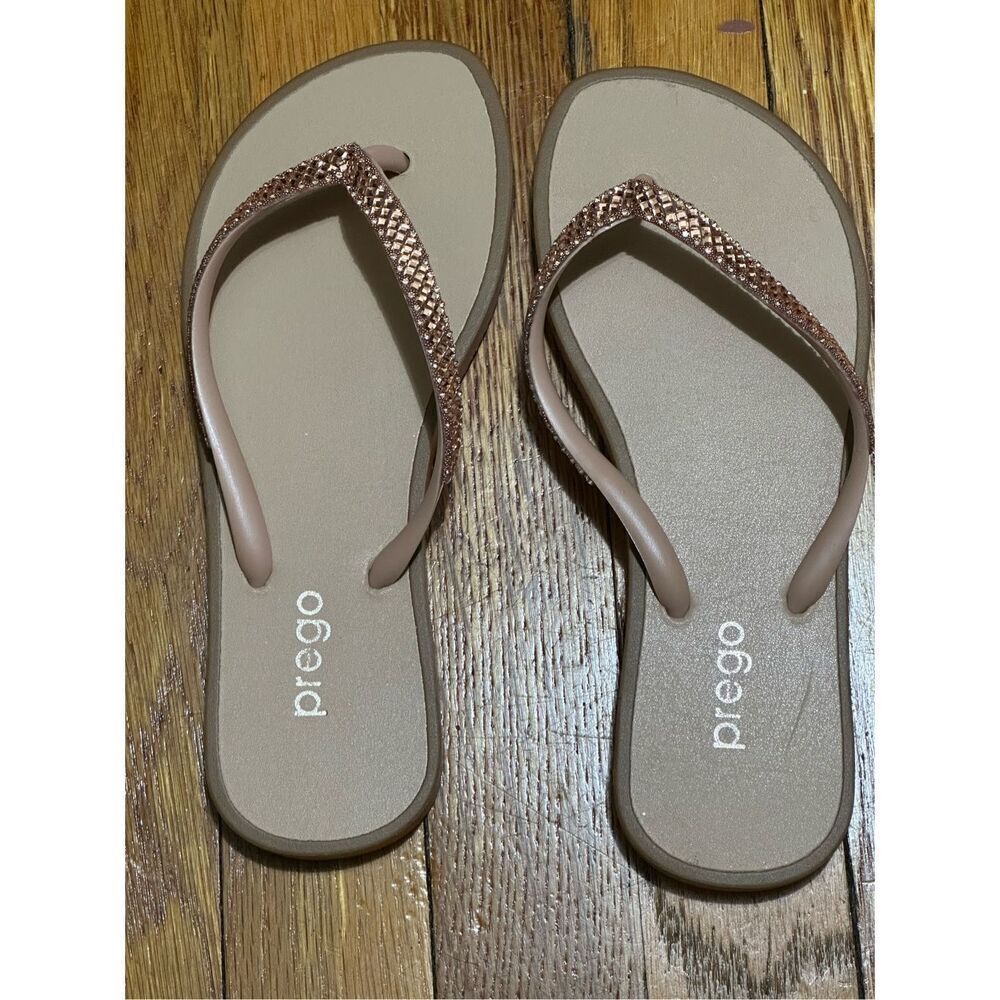 Prego tan Rhinestonesl Flip Flops Beach  Size 6-61/2 A813
